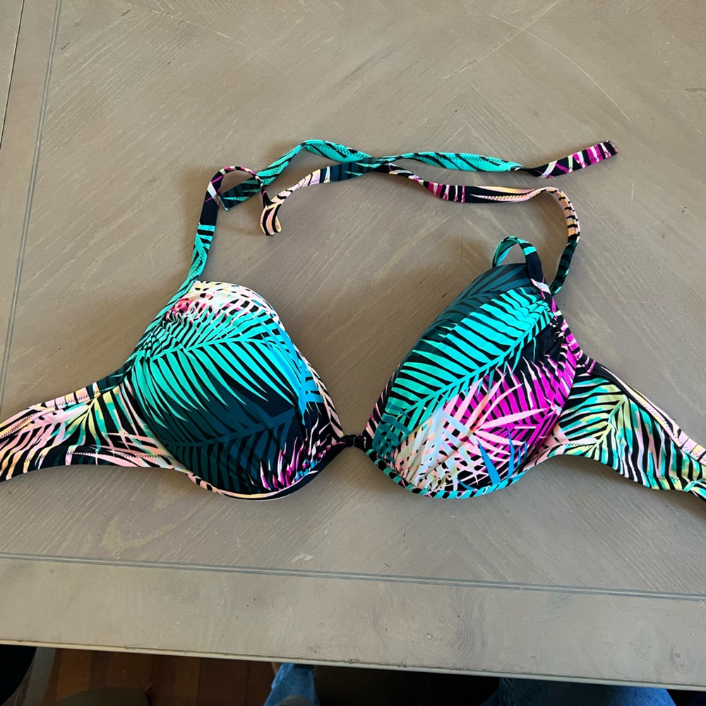 Shade & Shore Teal & Pink Tropical Palm Push-Up Bikini Top